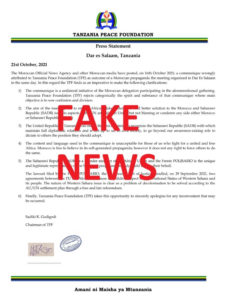 Falsifications de l&rsquo;Algérie du cachet de la fondation et des recommandation du séminaire de Dar Es-Salaam sur le Sahara marocain:  Démenti de la Tanzania Peace Fundation (TPF)