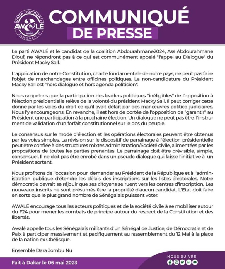 Dialogue politique : AWALÉ de Dr Abdourakhmane Diouf Diouf décline l&rsquo;invitation de Macky Sall